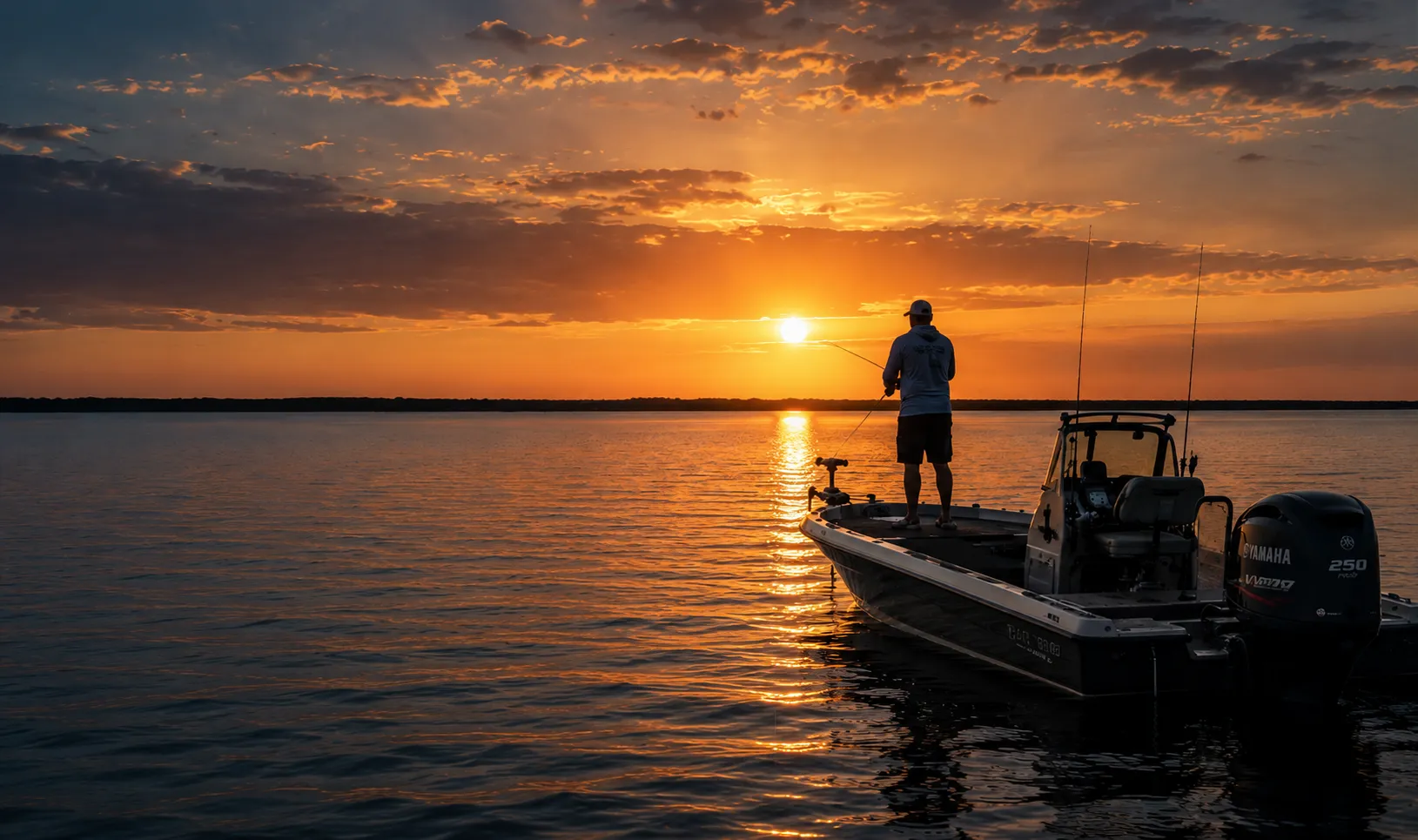 Capt. Bo White casting from his bass boat at sunset on Lake Okeechobee